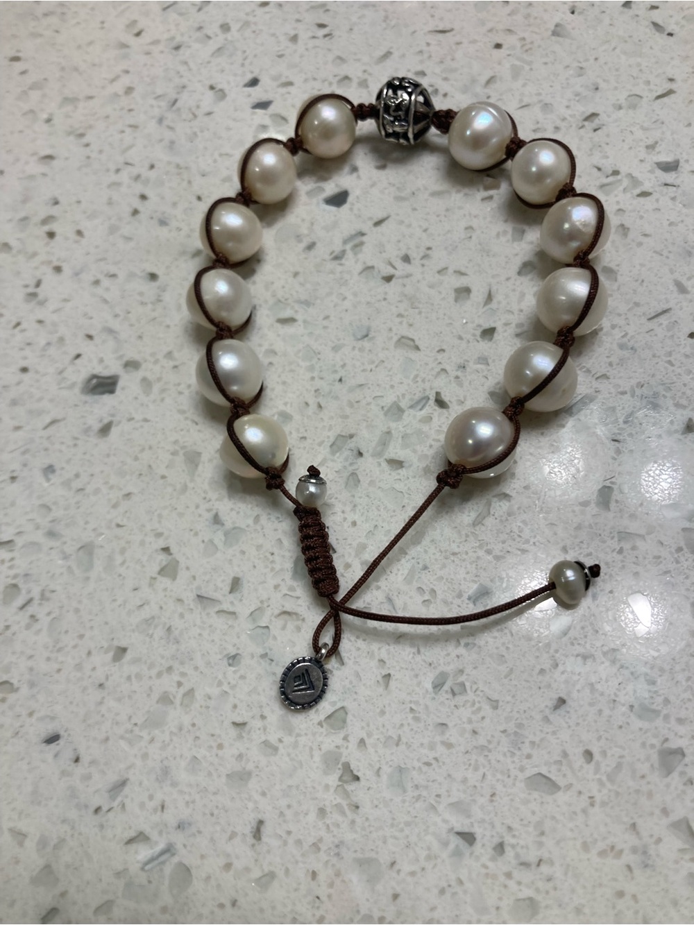 Silpada White Pearl Bead Bracelet with Brown Cord
